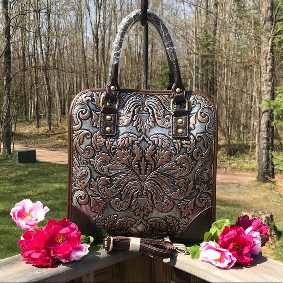 Boutique Handbags - LEATHER BAG w/Engraved Design. Brand NEW w/Tags